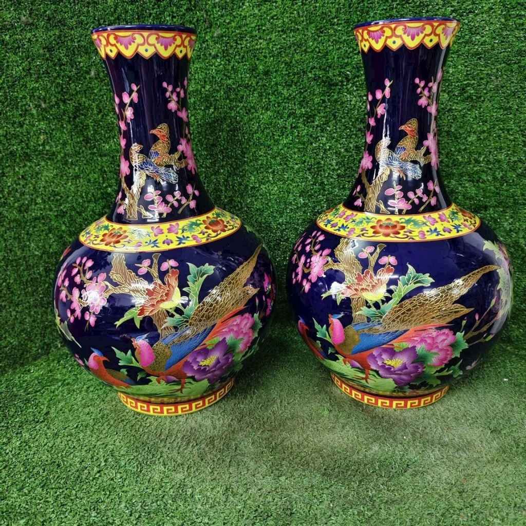  Cặp Bình Gốm Sứ Men Xanh Họa Tiết Chim Công Hoa Đào BKCECN-9442 