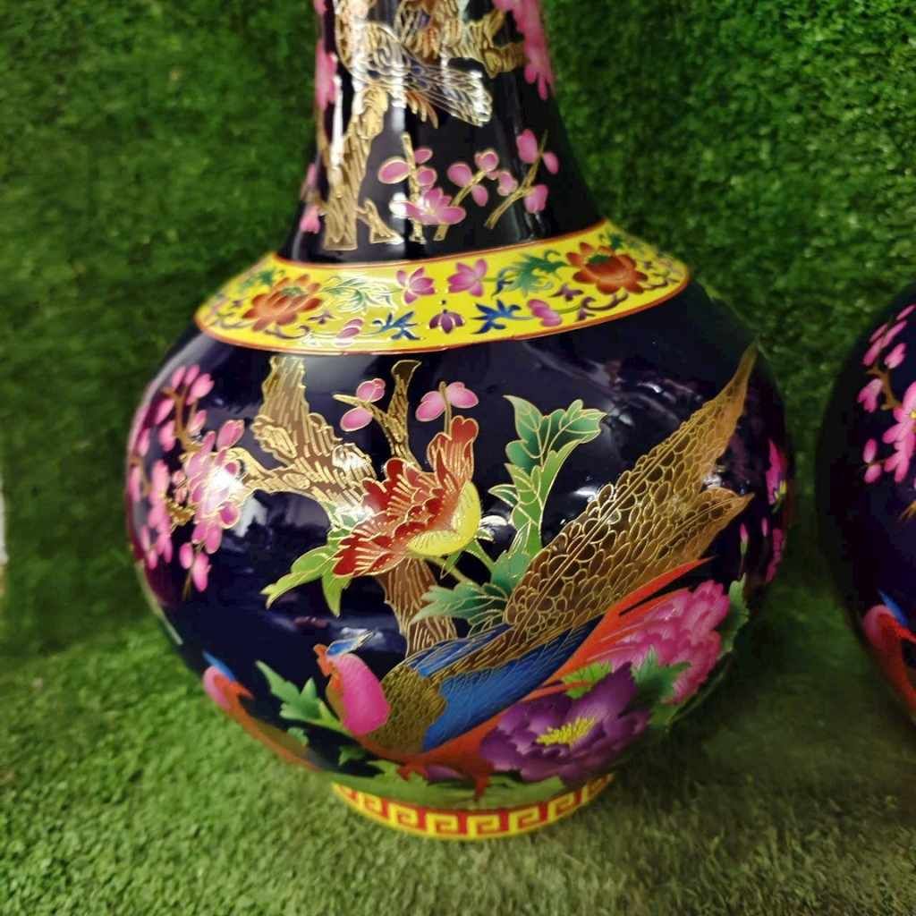  Cặp Bình Gốm Sứ Men Xanh Họa Tiết Chim Công Hoa Đào BKCECN-9442 