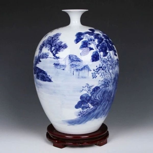  Bình Gốm Sứ Men Xanh Lam Vẽ Cảnh Sơn Thủy BKCECN-9530 