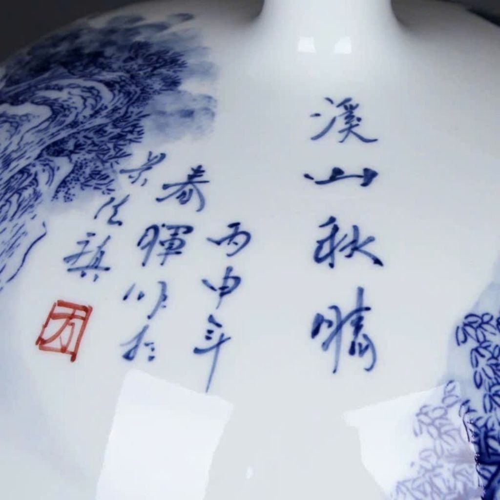  Bình Gốm Sứ Men Xanh Lam Vẽ Cảnh Sơn Thủy BKCECN-9530 