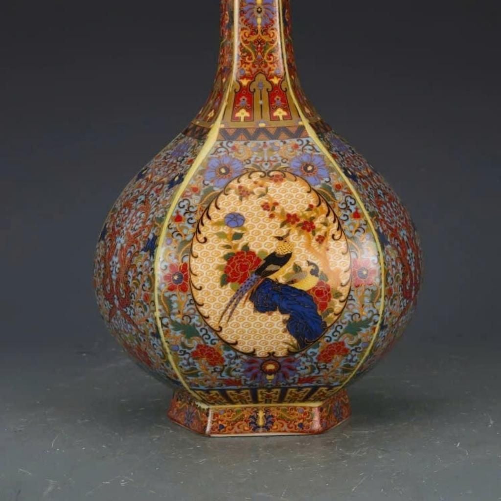  Bình Gốm Đa Giác Vẽ Màu Chim Hoa Cổ Sưu Tầm BKCECN-9678 