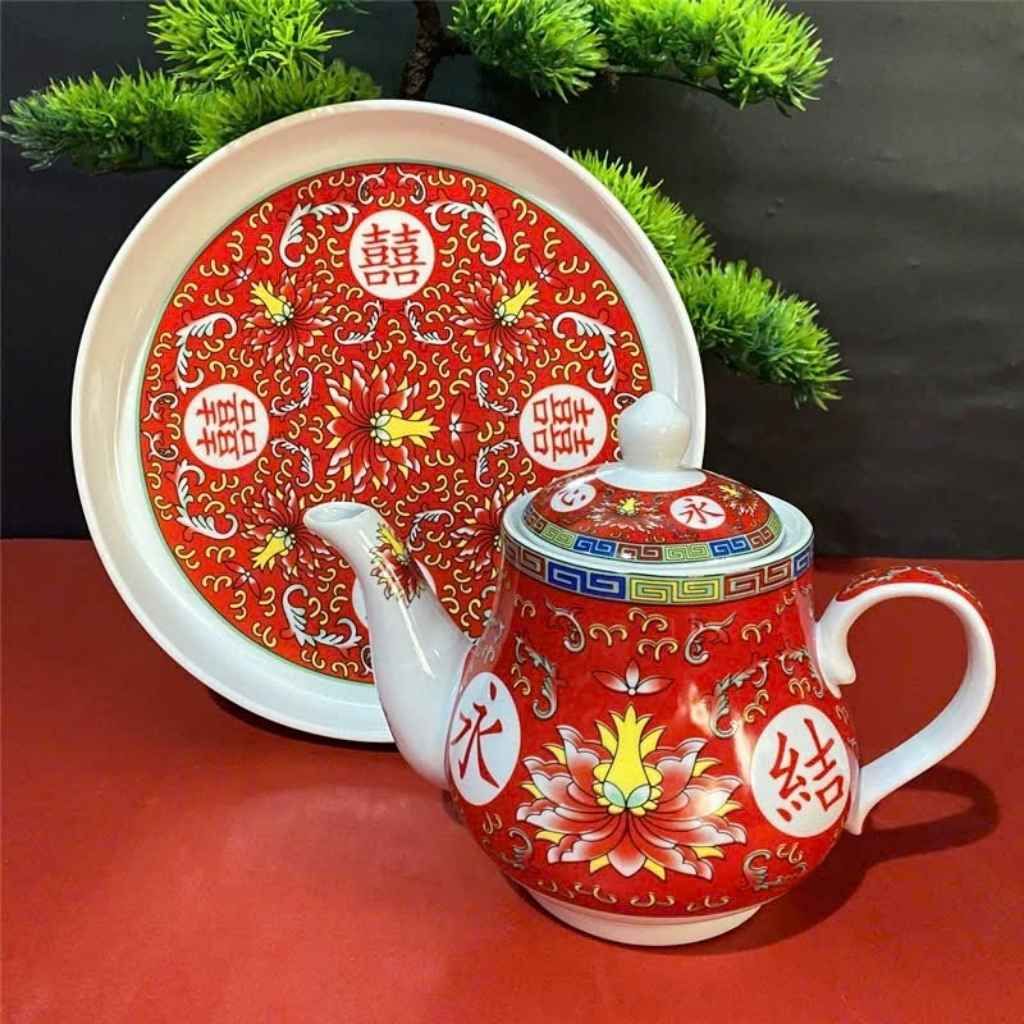  Bộ Ấm Chén Gốm Sứ Đỏ Hôn Lễ Vĩnh Kết Đồng Tâm BKCECN-9679 