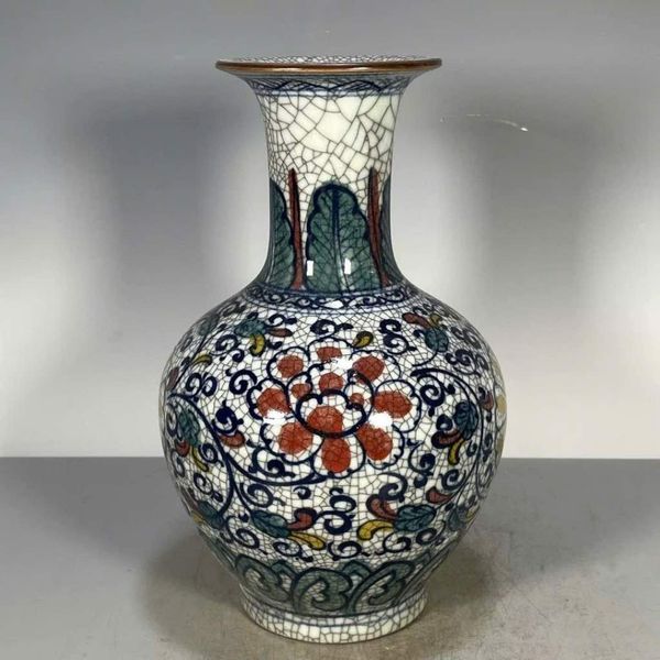  Bình Men Rạn Đa Sắc Cổ - Họa Tiết Hoa Mẫu Đơn BKCECN-9799 