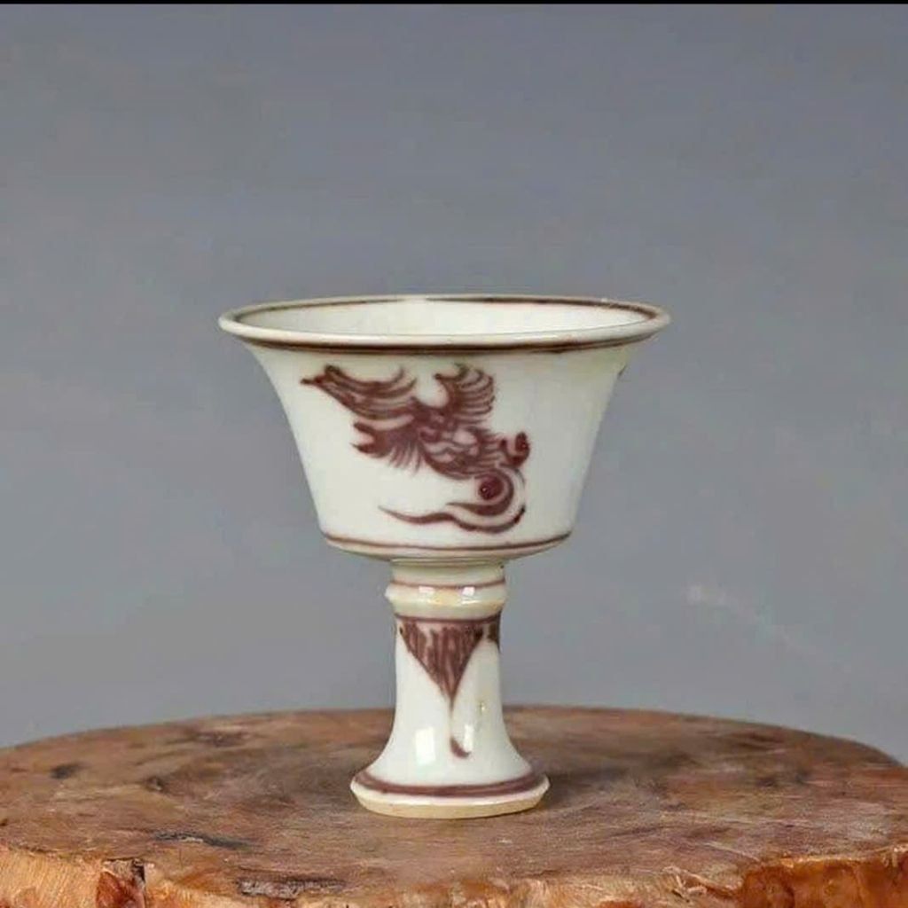  Ly Gốm Sứ Chân Cao Vẽ Phượng Hoàng Cổ  BKCECN-9956 