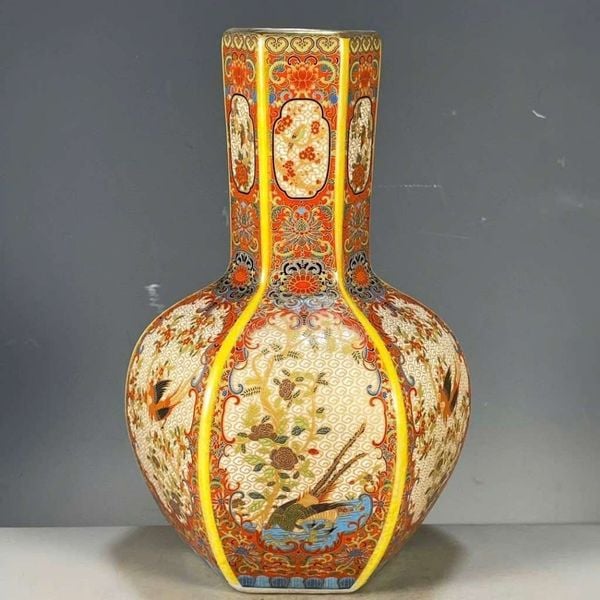  Bình Gốm Đa Giác Vẽ Gấm Nung Củi Cao Cấp BKCECN-9972 