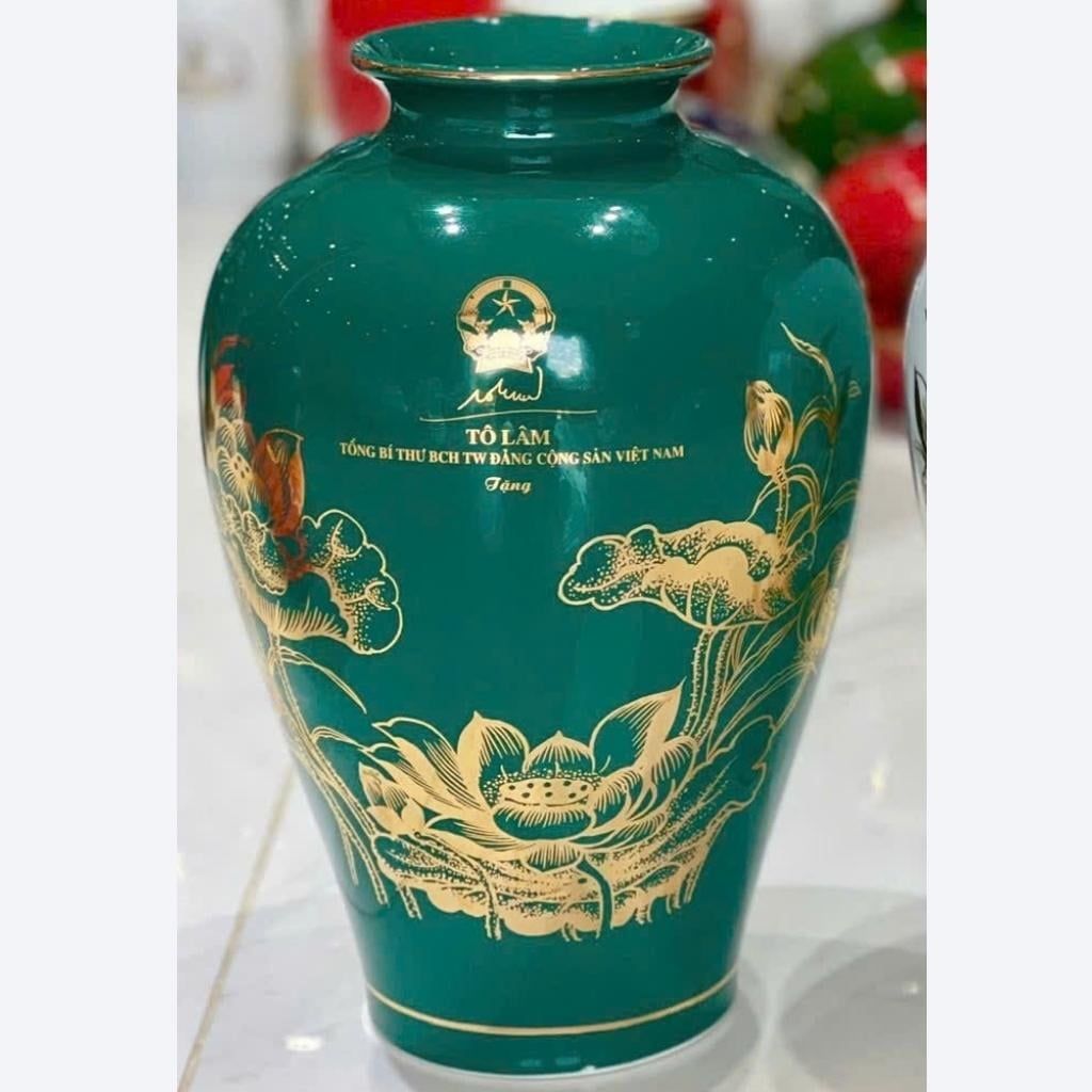  Bình Gốm Tổng Bí Thư Tô Lâm Men Xanh Lục Vẽ Vàng BKCECN-10222 