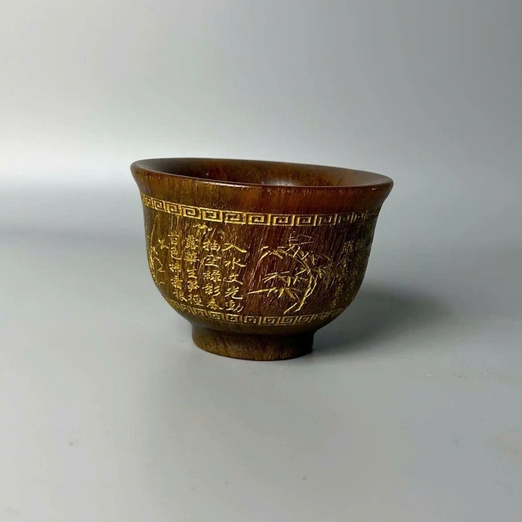  Chén Sừng Khắc Chữ Thư Pháp Mạ Vàng Cổ Kính BKHFCN-9036 
