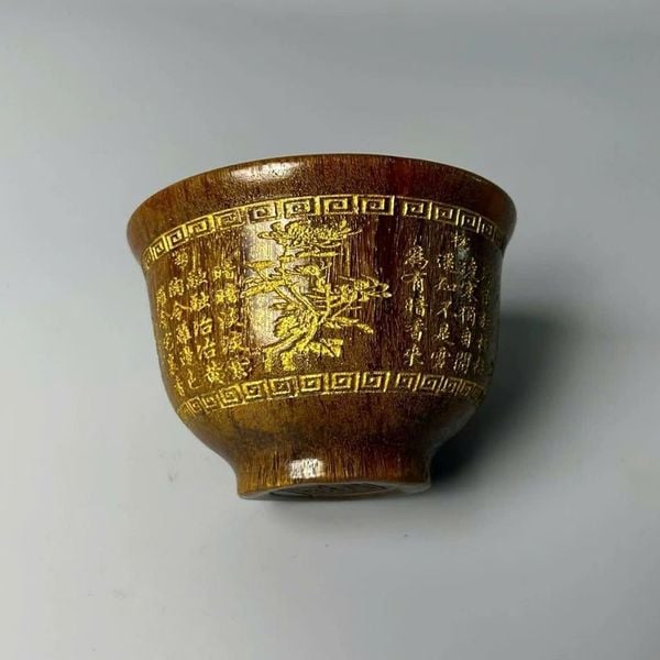  Chén Sừng Khắc Chữ Thư Pháp Mạ Vàng Cổ Kính BKHFCN-9036 