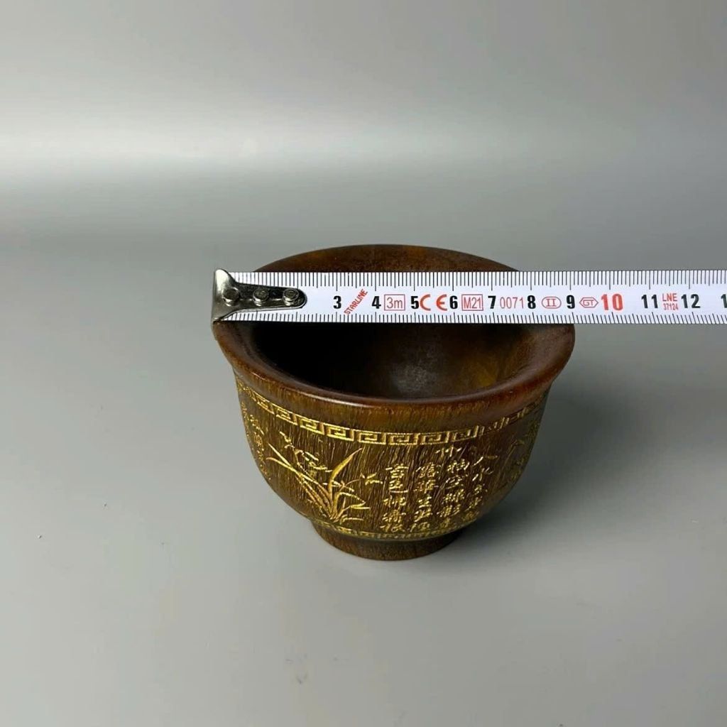  Chén Sừng Khắc Chữ Thư Pháp Mạ Vàng Cổ Kính BKHFCN-9036 