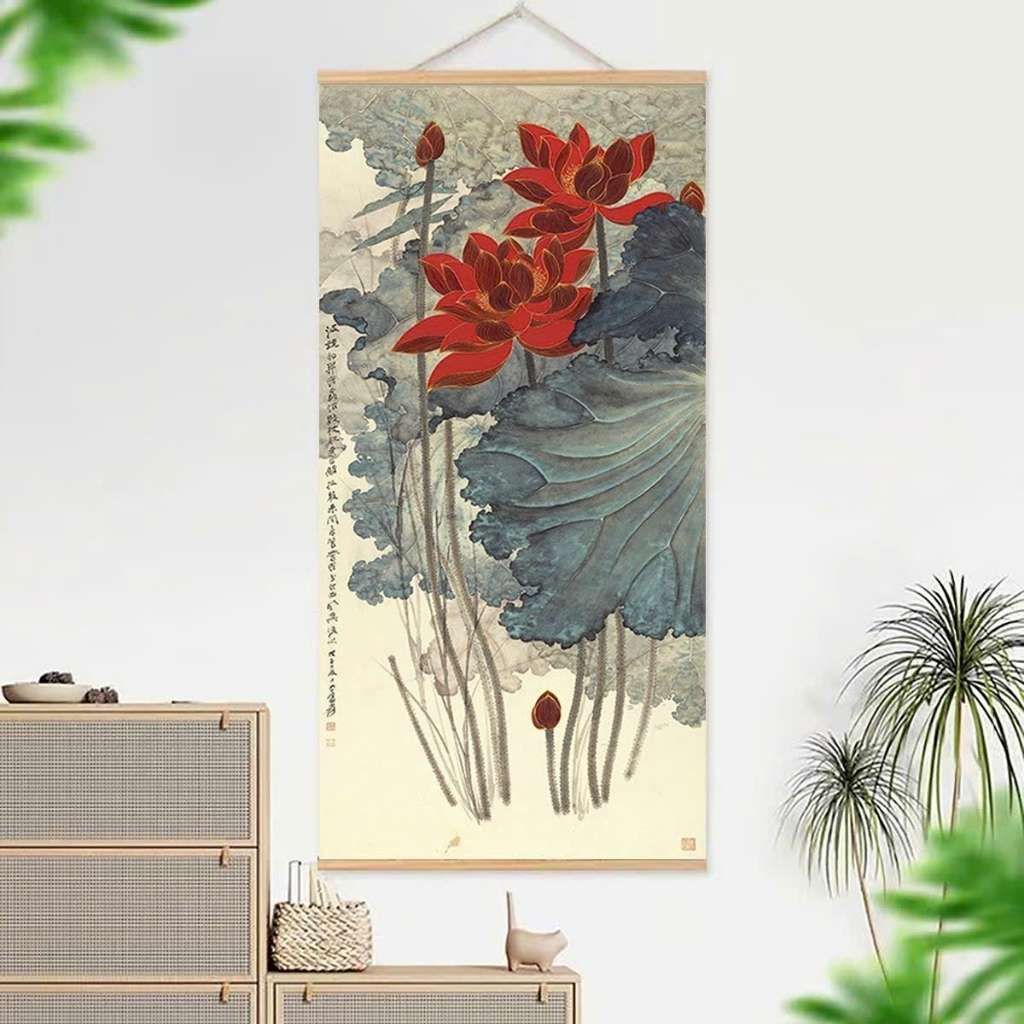  Tranh Trục Cuốn Tơ Lụa Hồng Liên Cổ Kính  BKHFCN-9040 
