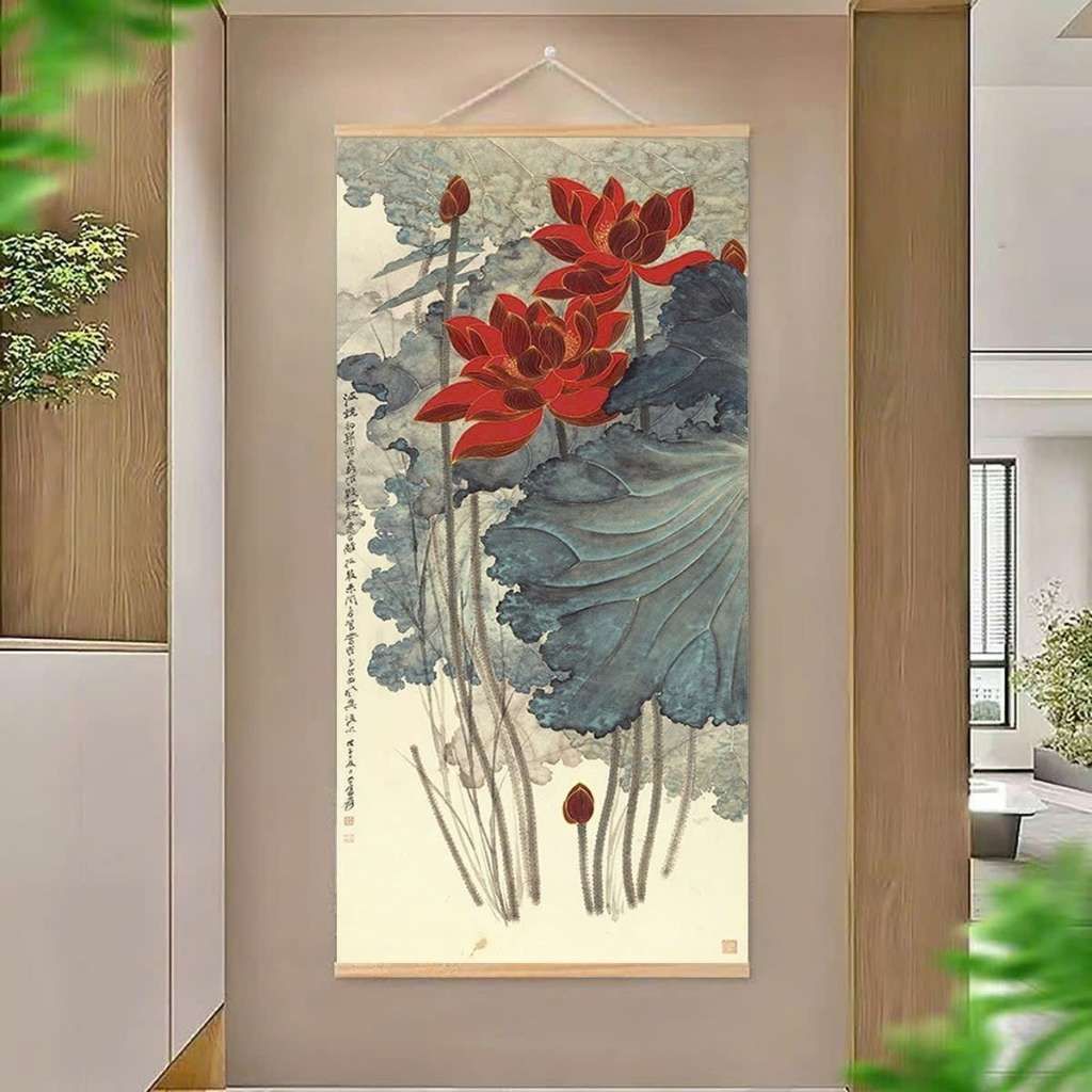  Tranh Trục Cuốn Tơ Lụa Hồng Liên Cổ Kính  BKHFCN-9040 