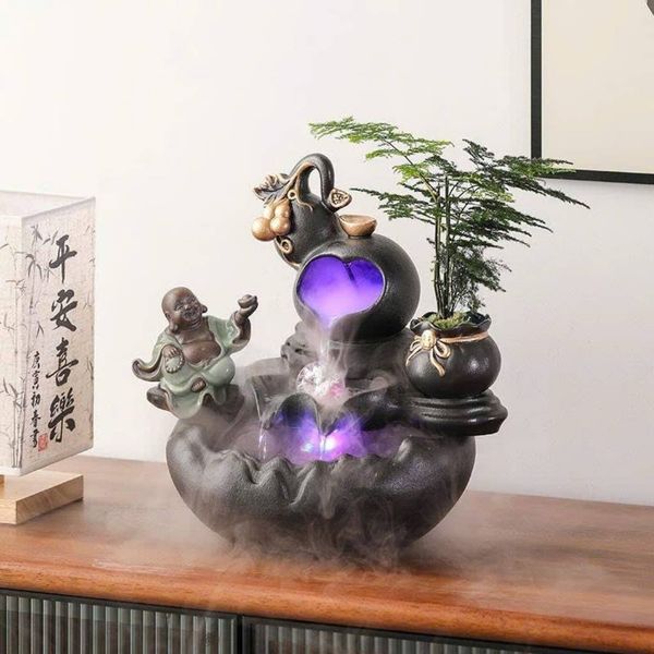 Thác Nước Phong Thủy Phong Cảnh Tùng Di Lặc Chiêu Tài Đèn LED BKHFCN-9078 