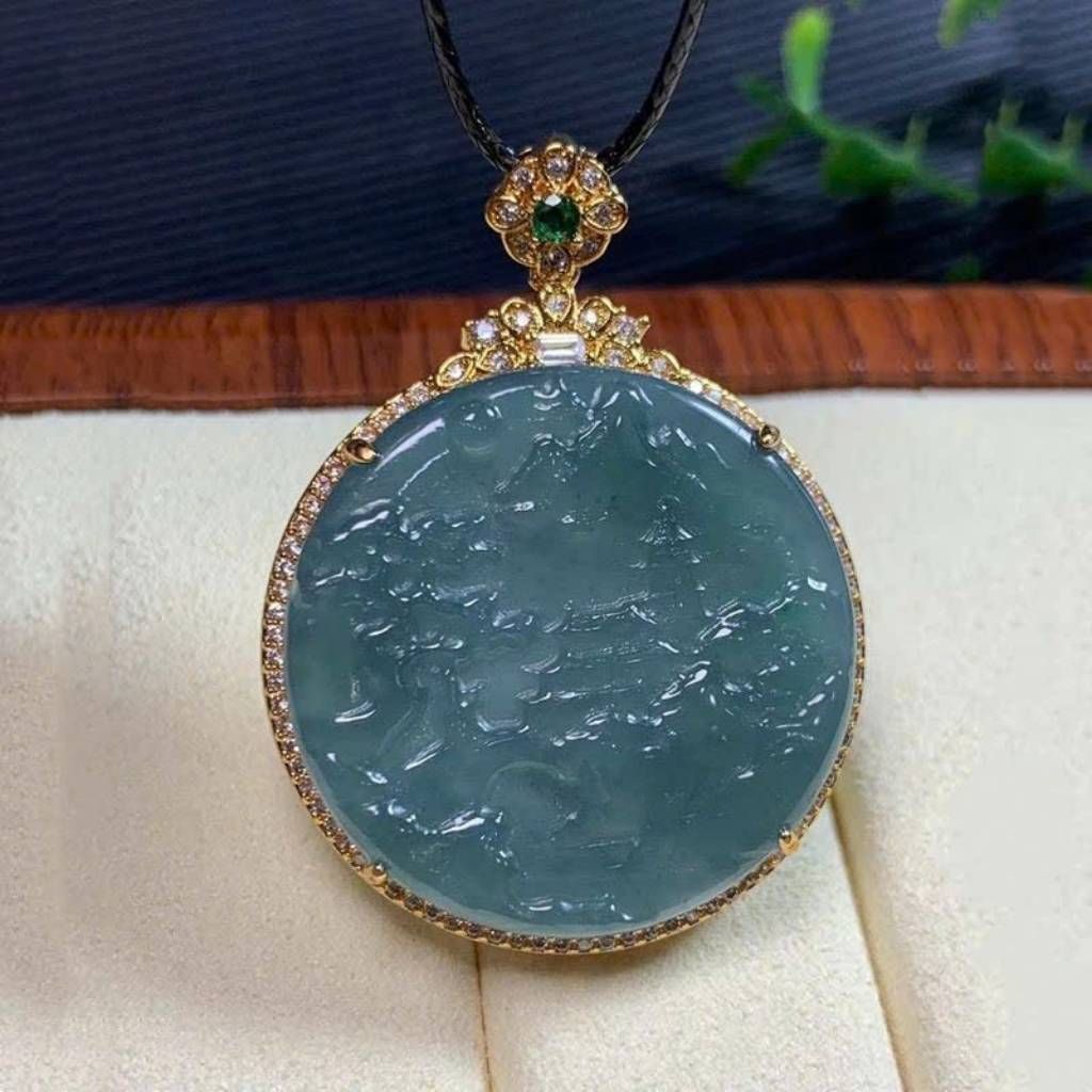  Mặt ngọc lục bảo phong cảnh bọc bạc mạ vàng BKSTCN-9344 