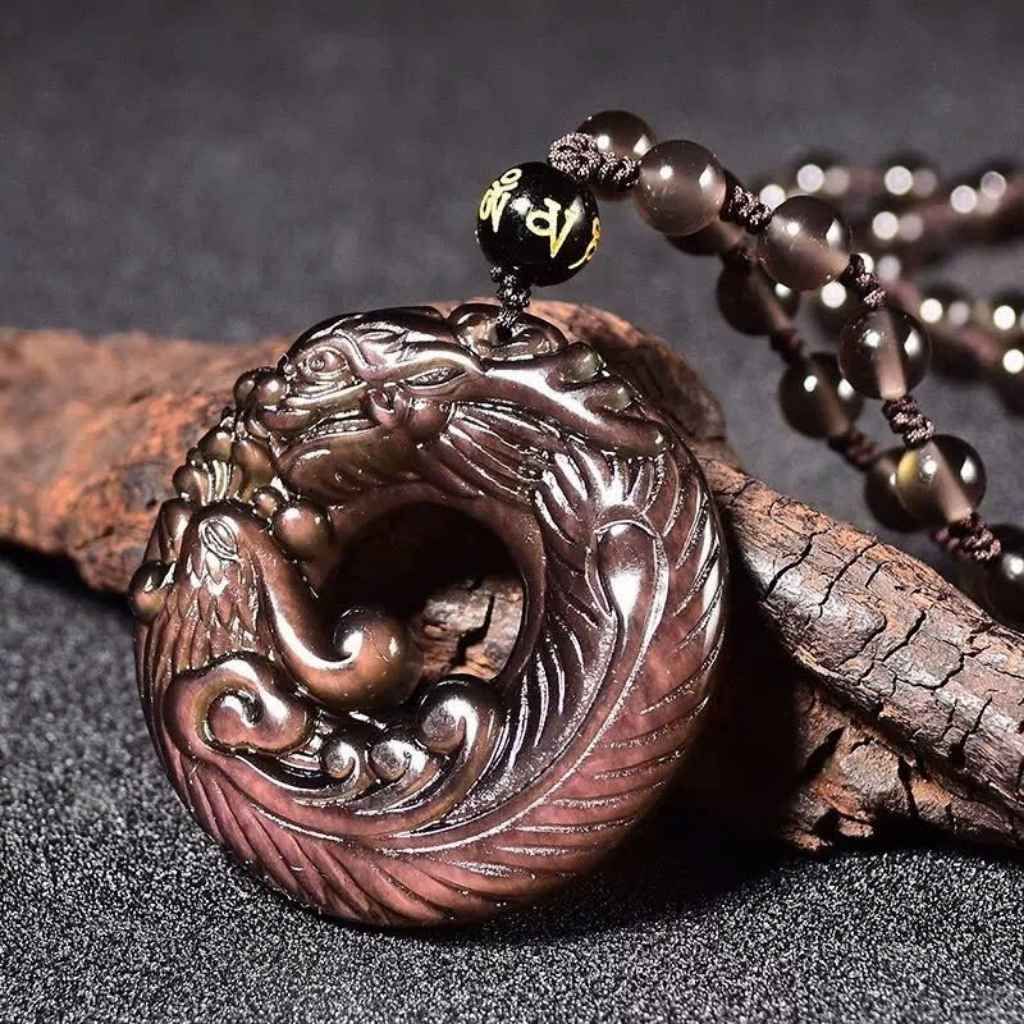  Dây Chuyền Đá Obsidian Rồng Phượng Phong Thủy BKJECN-9332 