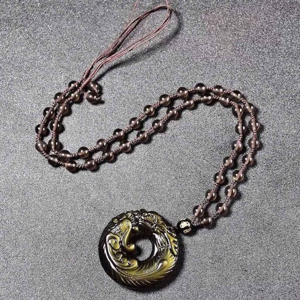  Dây Chuyền Đá Obsidian Rồng Phượng Phong Thủy BKJECN-9332 