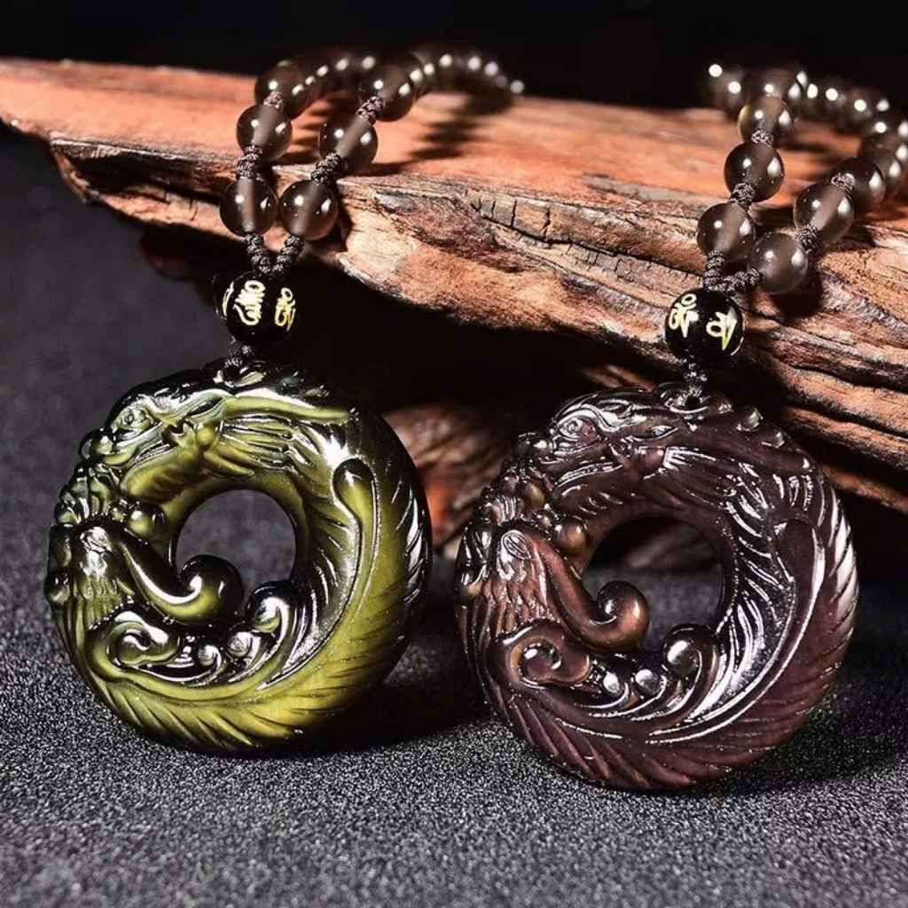  Dây Chuyền Đá Obsidian Rồng Phượng Phong Thủy BKJECN-9332 