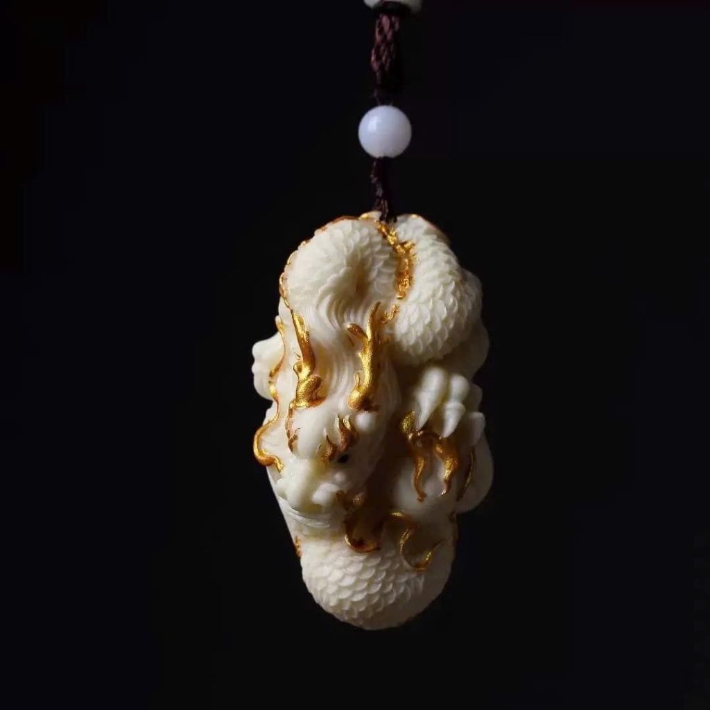  Mặt Dây Chuyền Rồng Ngà Trắng Thếp Vàng BKJECN-9336 