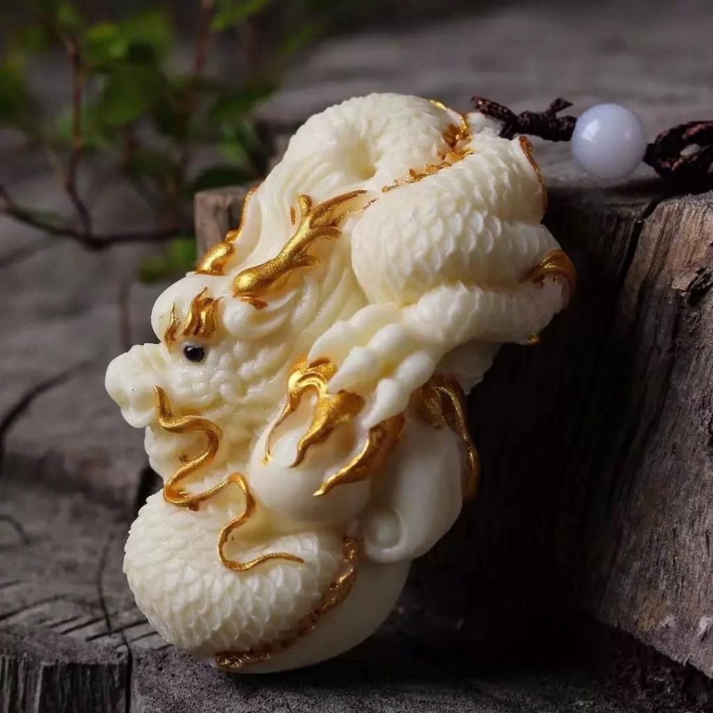  Mặt Dây Chuyền Rồng Ngà Trắng Thếp Vàng BKJECN-9336 