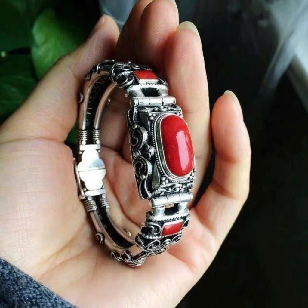  Vòng tay nam bạc Thái đính đá đỏ  BKJECN-9347 