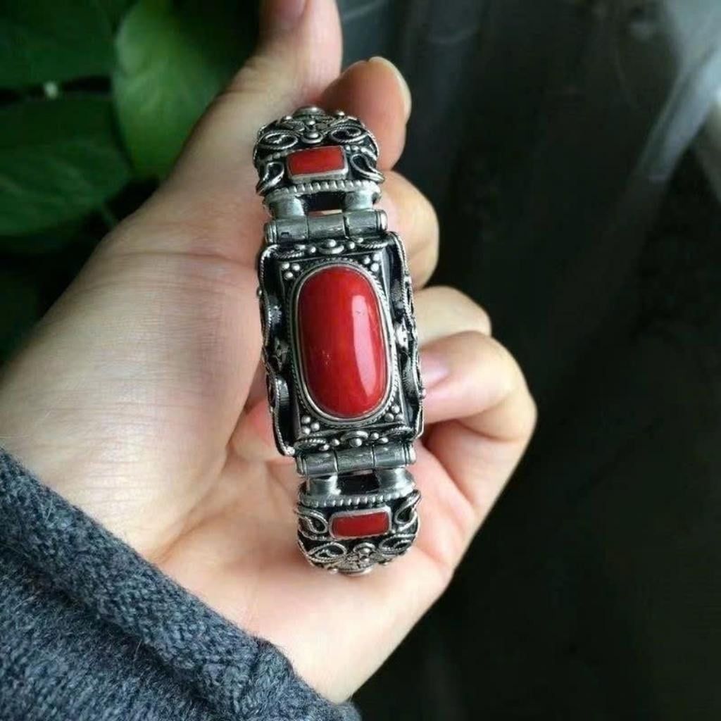  Vòng tay nam bạc Thái đính đá đỏ  BKJECN-9347 