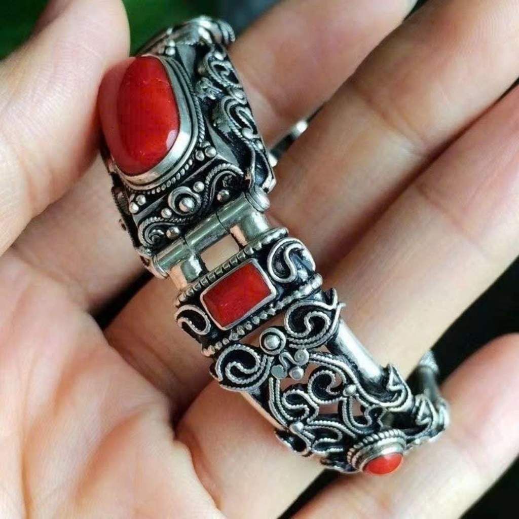  Vòng tay nam bạc Thái đính đá đỏ  BKJECN-9347 