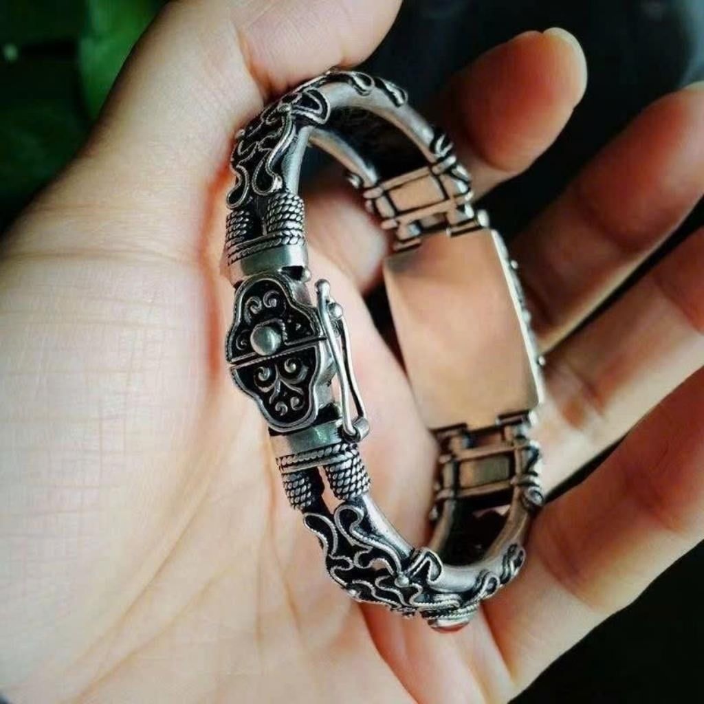  Vòng tay nam bạc Thái đính đá đỏ  BKJECN-9347 