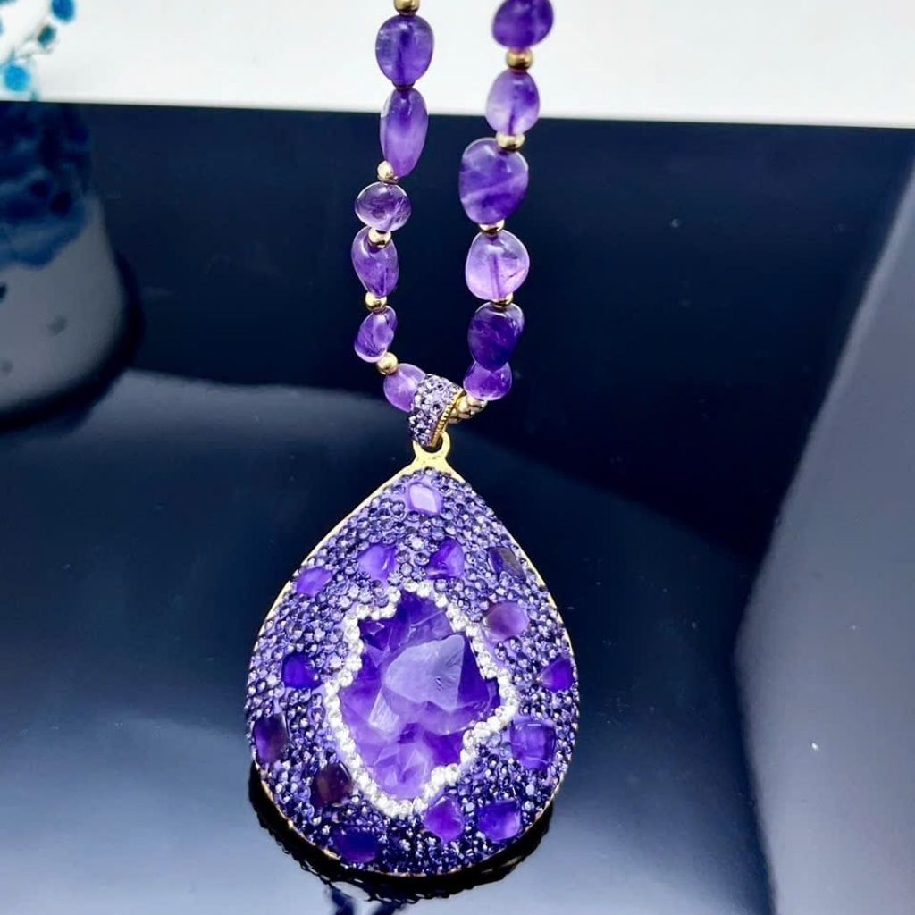  Mặt Dây Chuyền Đá Tím Amethyst Khảm Đá Quý Sang Trọng BKJECN-9374 
