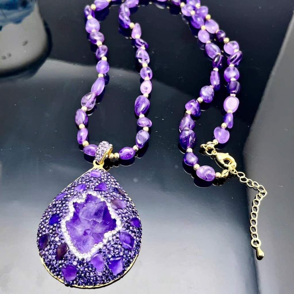  Mặt Dây Chuyền Đá Tím Amethyst Khảm Đá Quý Sang Trọng BKJECN-9374 
