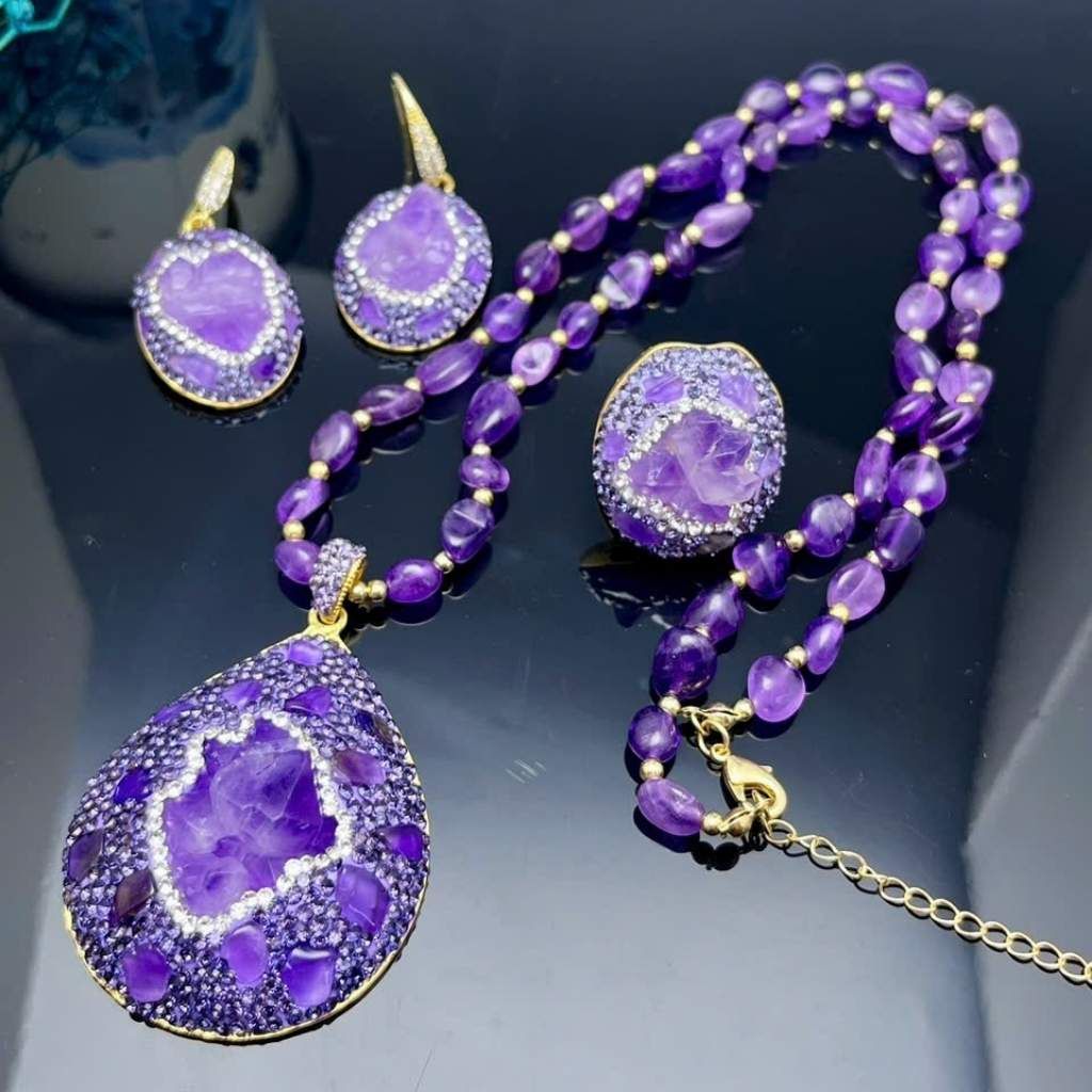  Mặt Dây Chuyền Đá Tím Amethyst Khảm Đá Quý Sang Trọng BKJECN-9374 