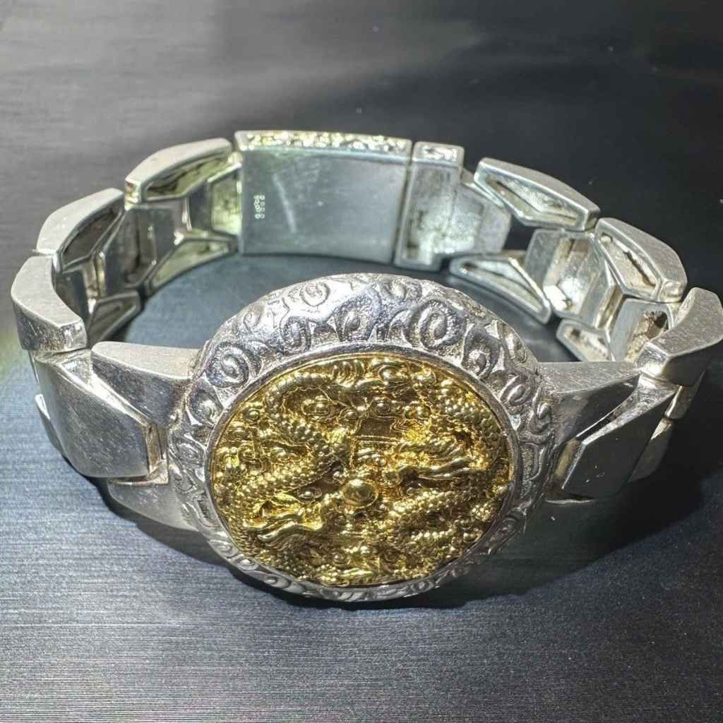  Vòng Tay Nam Mạ Bạc Chạm Khắc Song Long BKJECN-9393 