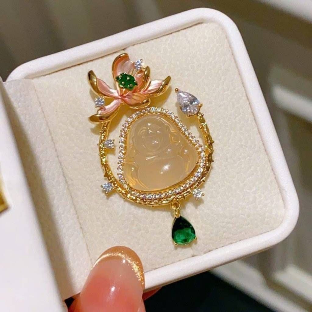  Mặt Dây Chuyền Phật Di Lặc Ngọc Đính Hoa Sen Mạ Vàng BKJECN-9456 