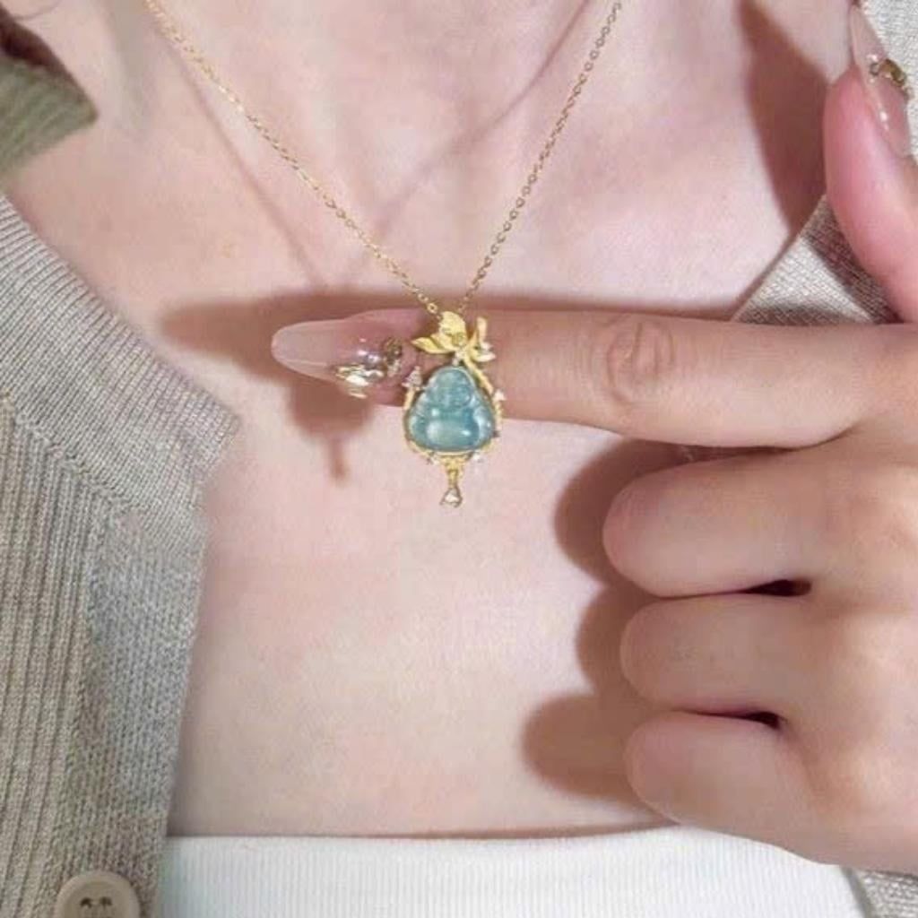 Dây Chuyền Phật Di Lặc Ngọc Xanh Mạ Vàng Tinh Xảo BKJECN-9457 