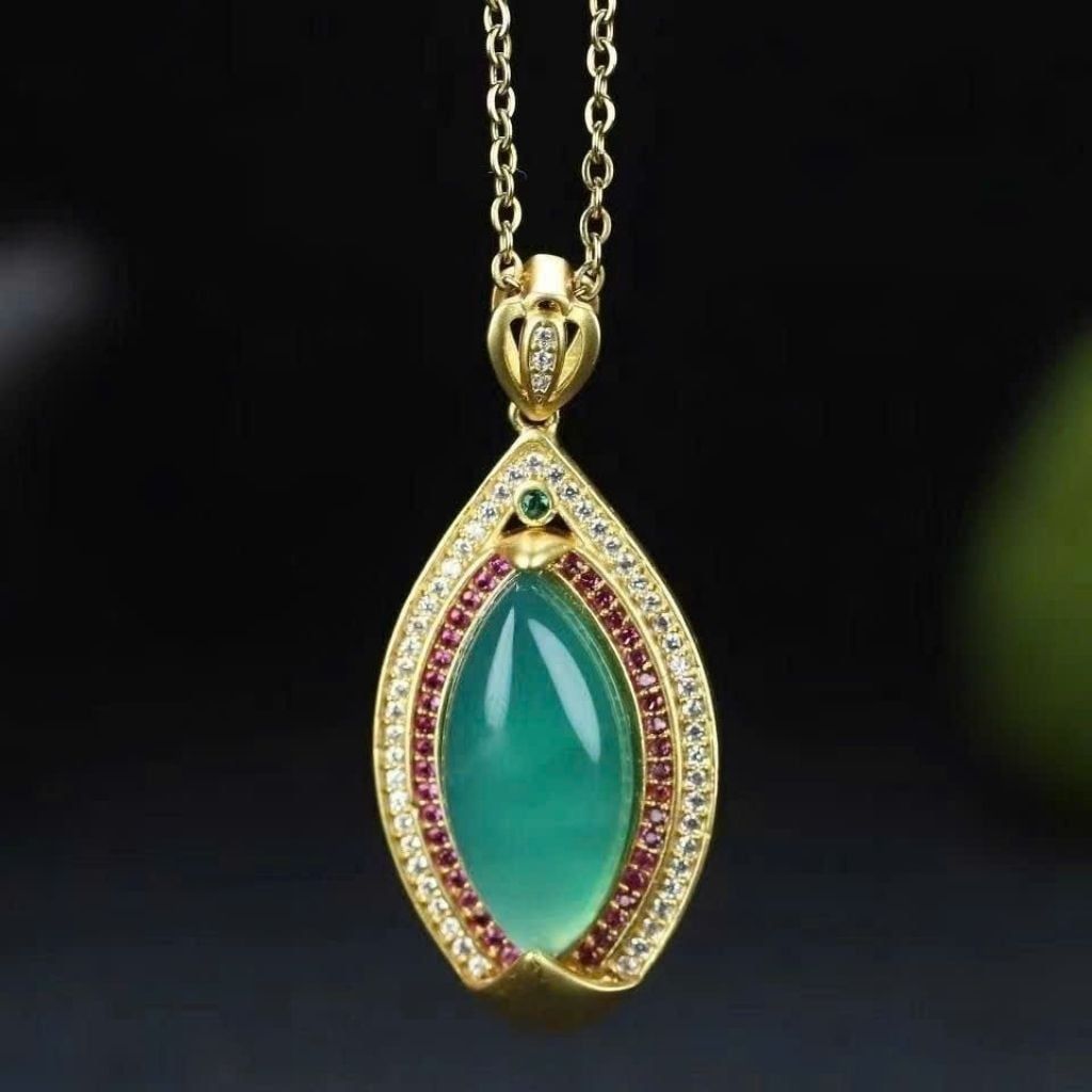  Dây Chuyền Nữ Mặt Mắt Ngựa Ngọc Băng Màu Xanh BKJECN-9461 