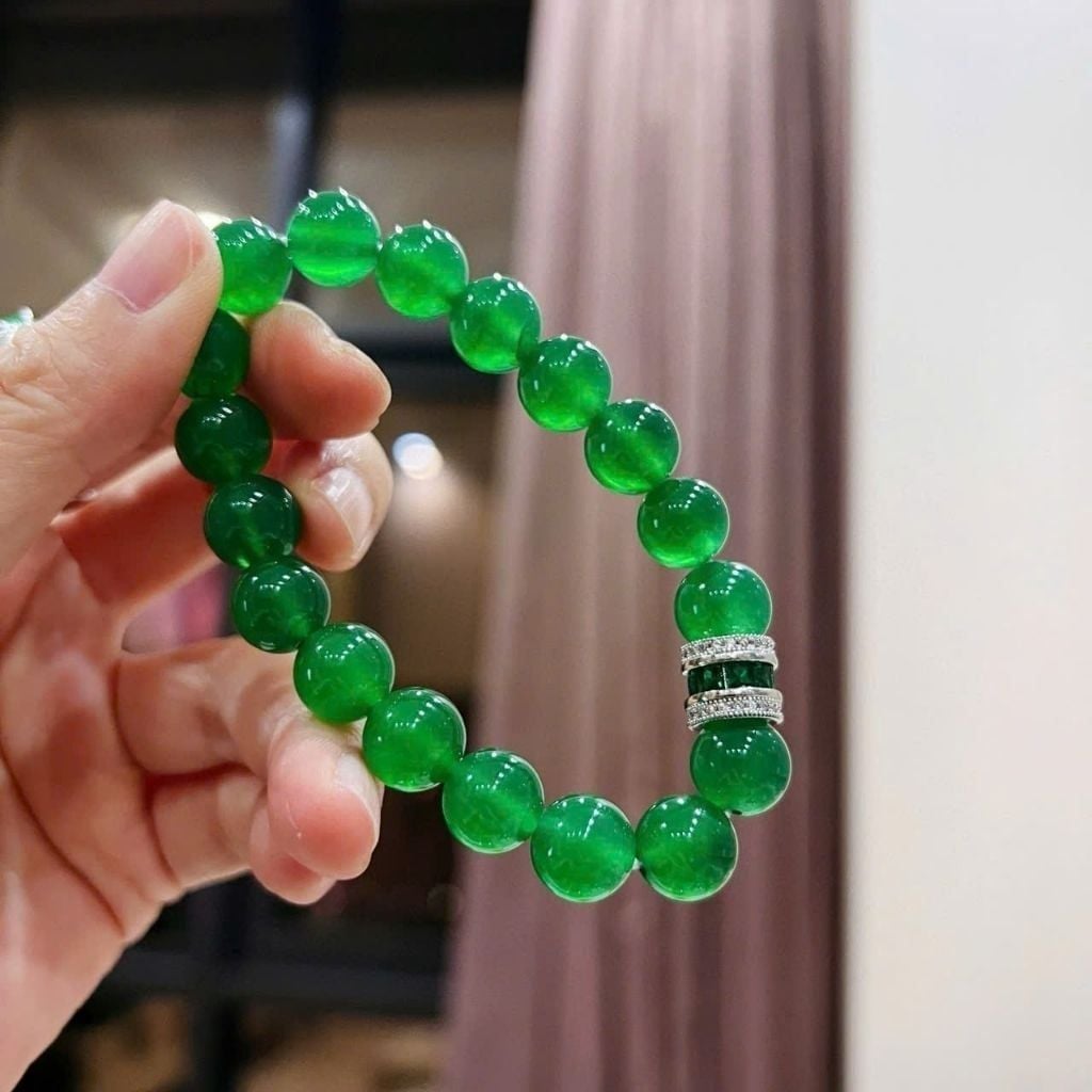  Vòng Tay Ngọc Bích Xanh Lục Bảo Đính Charm Bạc Cao Cấp BKJECN-9468 