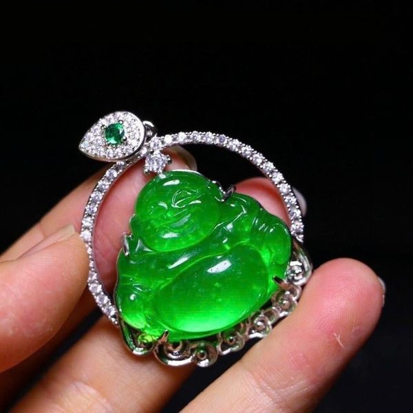  Mặt Dây Chuyền Phật Di Lặc Cẩm Thạch Xanh Bọc Bạc Ý Đính Đá BKJECN-9469 