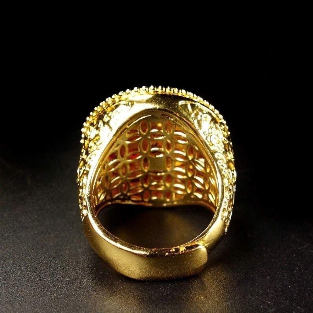  Nhẫn Đồng Mạ Vàng Khắc Hoa Văn Cổ Đính Đá Ruby Đỏ BKJECN-9476 
