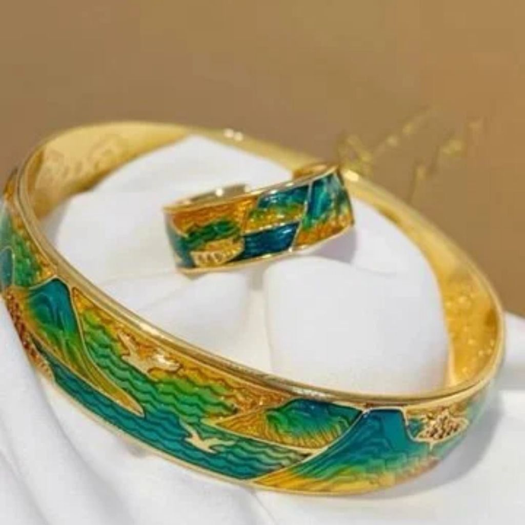  Bộ vòng tay và nhẫn sơn thuỷ hữu tình bằng đồng pháp lam BKJECN-9491 