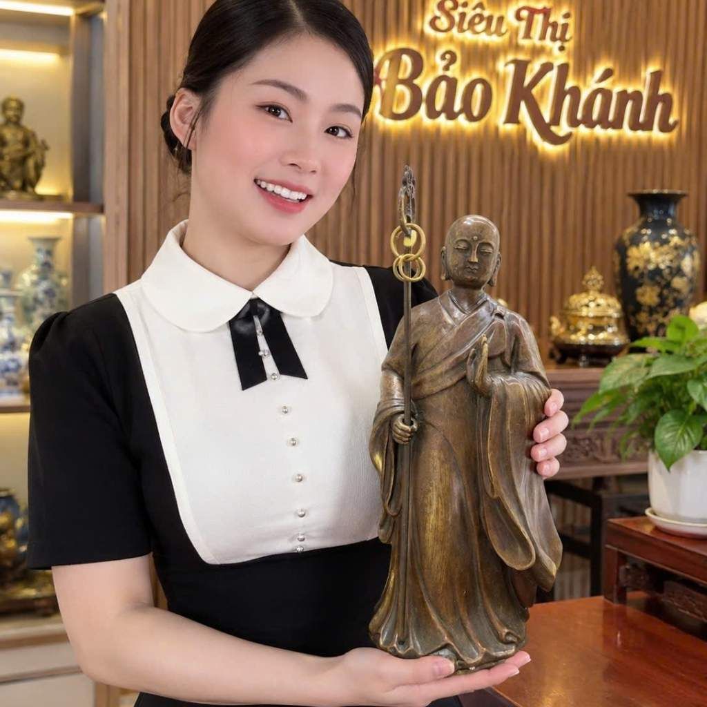  Tượng Phật Địa Tạng Vương Bồ Tát Bằng Đồng Hun Cổ Dáng Đứng BKJECN-9540 