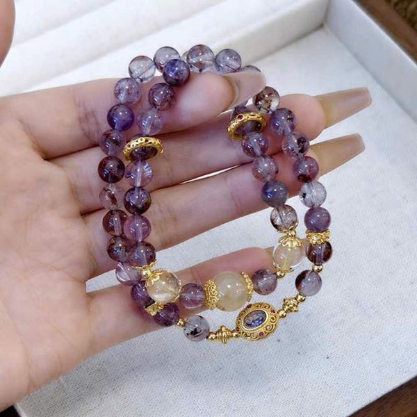  Lắc Tay Nữ Thạch Anh Tím Tóc Băng Phối Charm Mạ Vàng Cổ Điển BKJECN-9557 