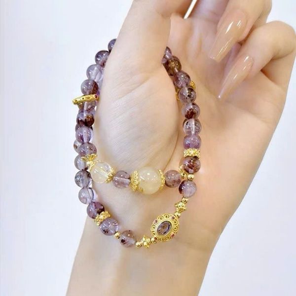  Lắc Tay Nữ Thạch Anh Tím Tóc Băng Phối Charm Mạ Vàng Cổ Điển BKJECN-9557 