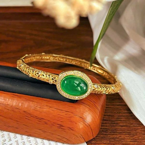  Vòng Tay Bạc S925 Mạ Vàng 18K Khảm Ngọc Bích Lục Bảo  BKJECN-9561 