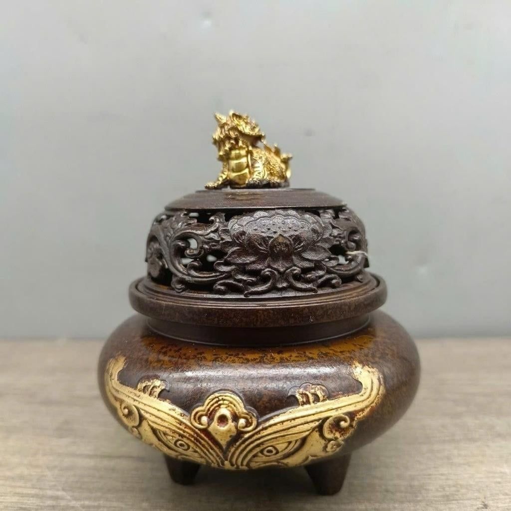 Lư xông trầm đồng giả cổ chạm Thao Thiết mạ vàng BKMECN-10091 