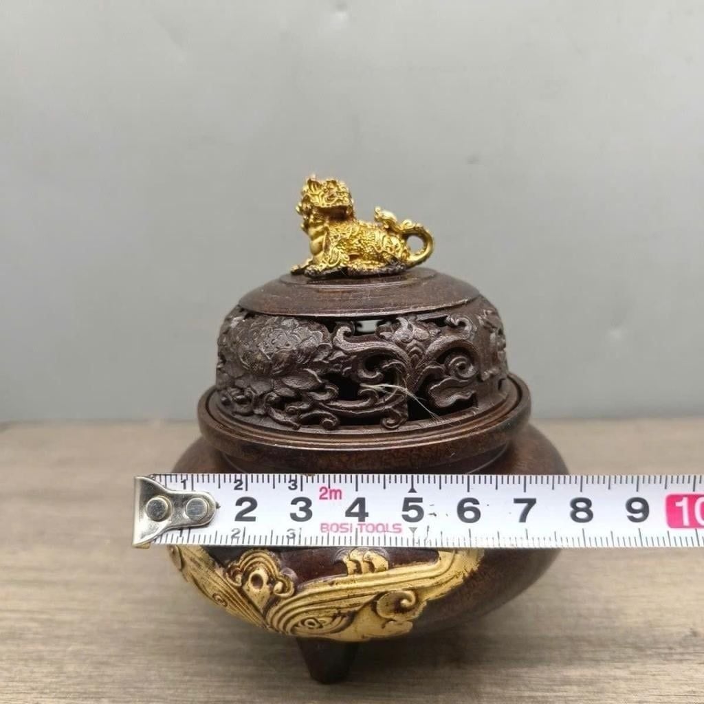  Lư xông trầm đồng giả cổ chạm Thao Thiết mạ vàng BKMECN-10091 