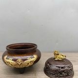  Lư xông trầm đồng giả cổ chạm Thao Thiết mạ vàng BKMECN-10091 