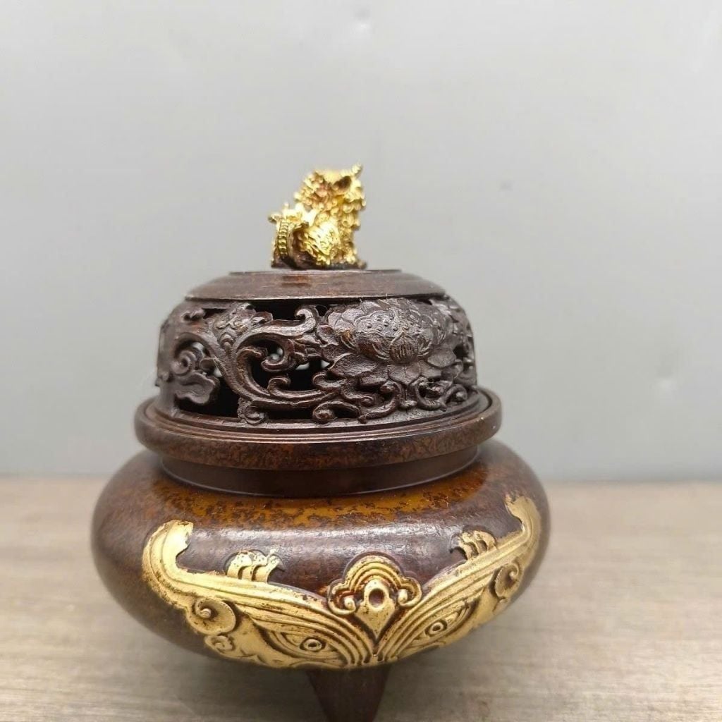  Lư xông trầm đồng giả cổ chạm Thao Thiết mạ vàng BKMECN-10091 