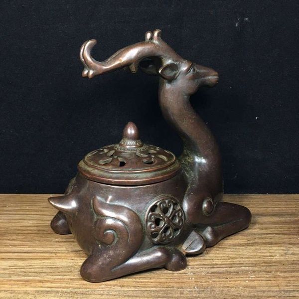  Lư Xông Trầm Hương Bằng Đồng Giả Cổ Dáng Tuần Lộc Ngậm Ngọc  BKMECN-10103 