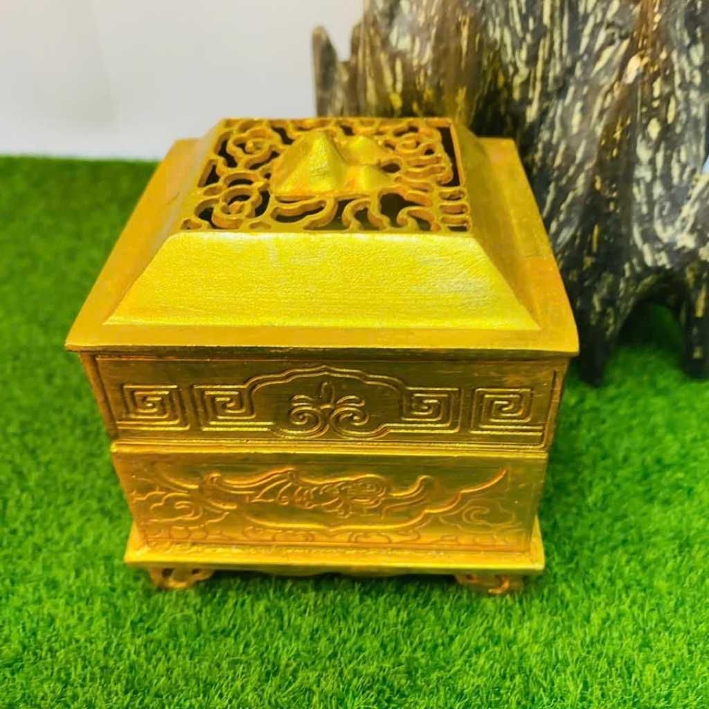  Lư Xông Trầm Đồng Mạ Vàng Dáng Hộp Vuông Cát Tường BKMECN-10161 