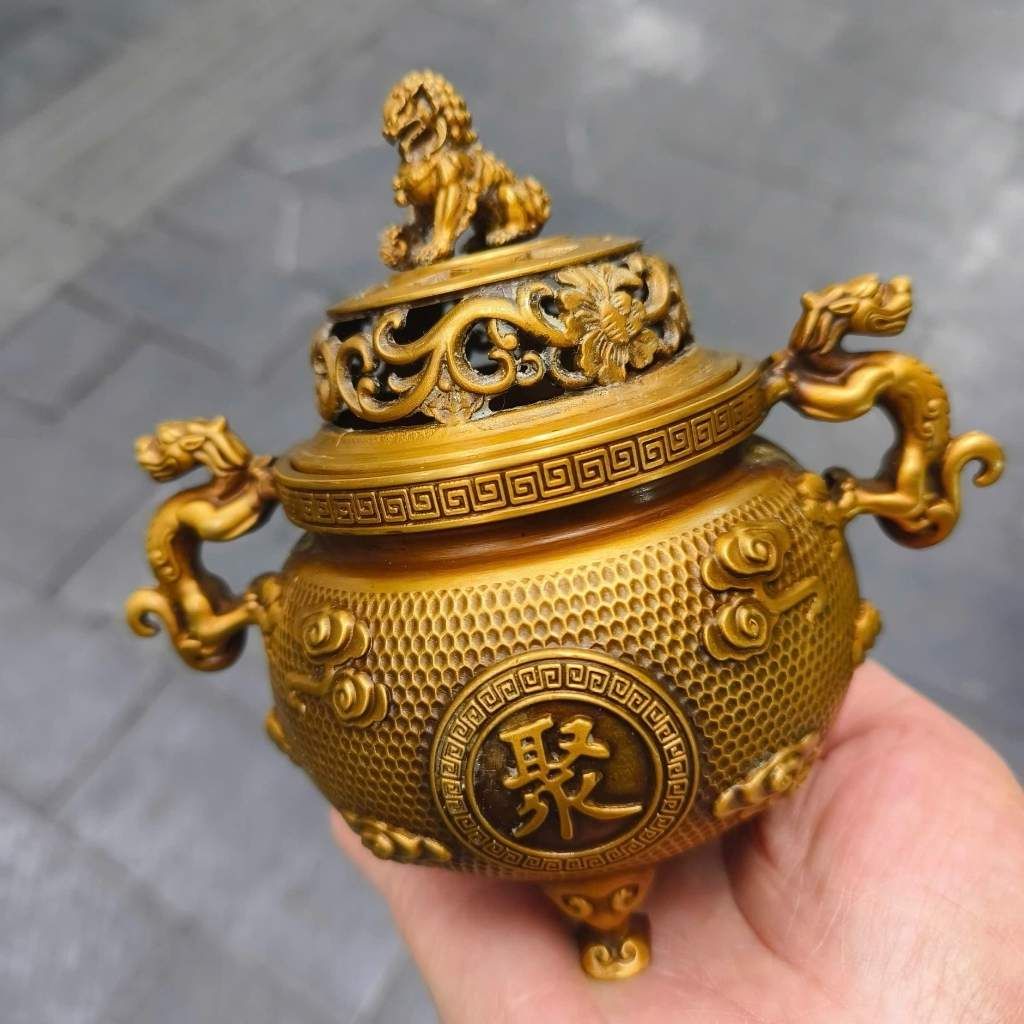  Lư Xông Trầm Đồng Vàng Song Long Chầu Nguyệt Vạn Sự Cát Tường BKMECN-10168 