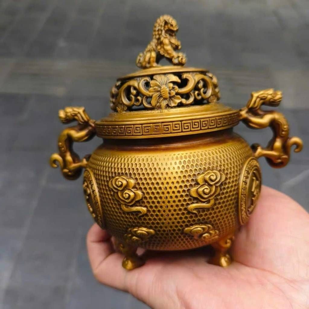  Lư Xông Trầm Đồng Vàng Song Long Chầu Nguyệt Vạn Sự Cát Tường BKMECN-10168 