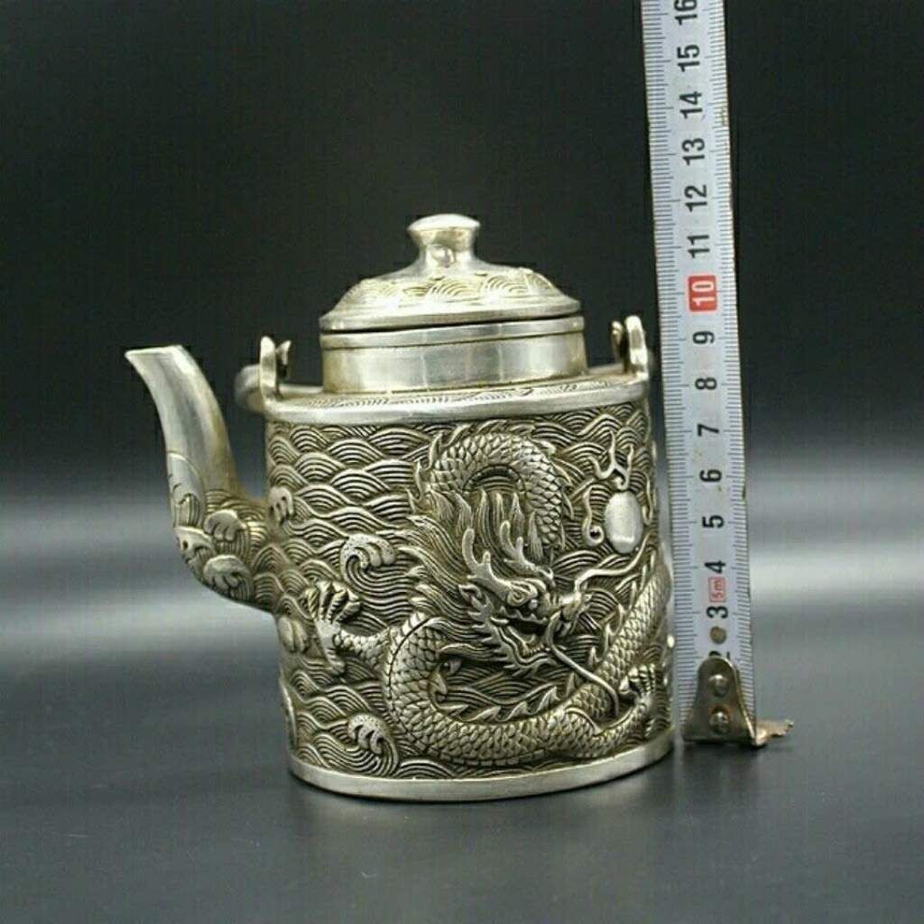  Ấm Đồng Mạ Bạc Quai Treo Chạm Nổi Thanh Long Hải Triều BKMECN-10176 